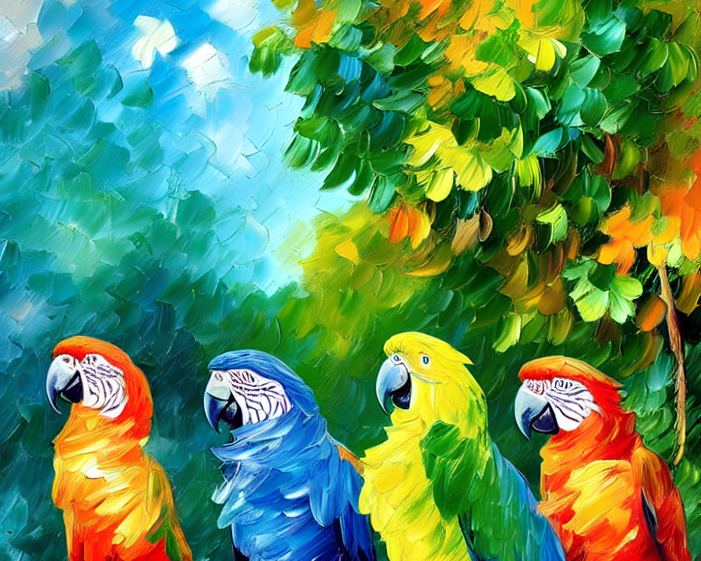 Vibrant painting of four parrots on a branch with colorful strokes against abstract backdrop