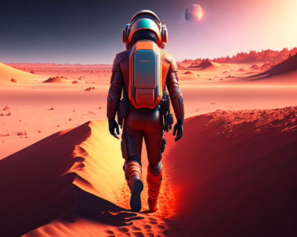 Astronaut walking on red Martian landscape under twilight sky