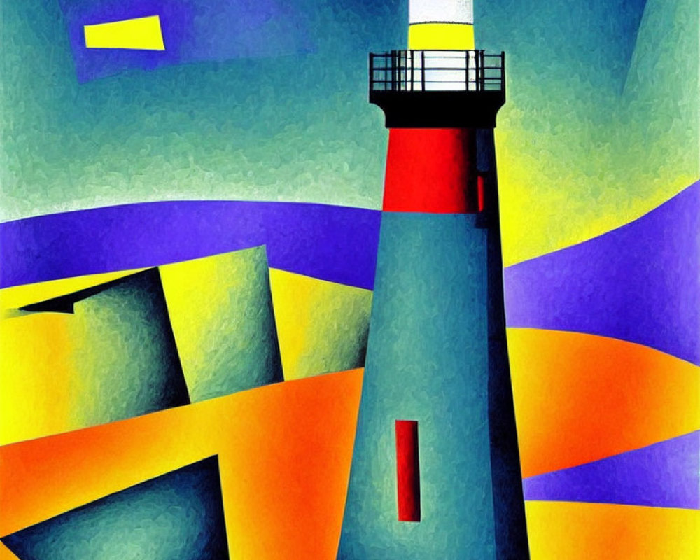 Stylized lighthouse with red top on abstract wave background