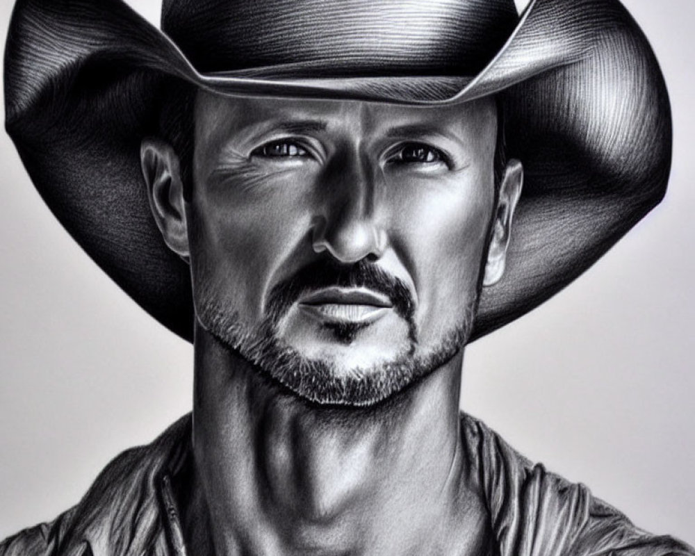 Detailed pencil-drawn portrait of a man in a cowboy hat with shadowed eyes