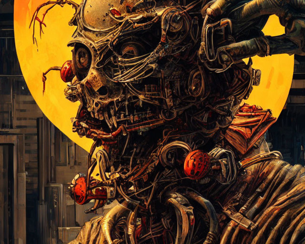 Detailed robotic head with exposed wiring on orange moon backdrop