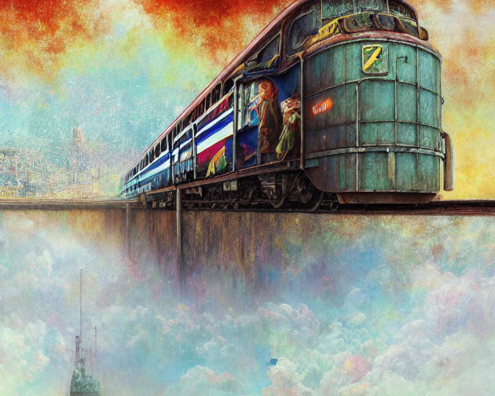 Vintage train on bridge above clouds with figure and city skyline