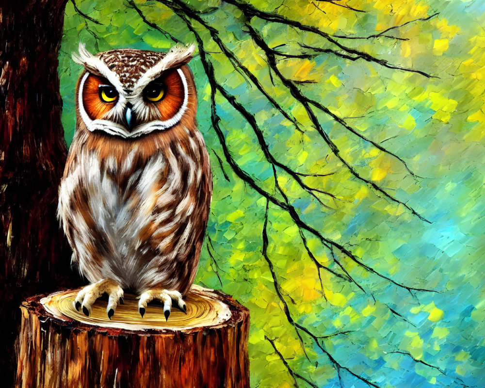 Colorful Impressionistic Owl Perched on Tree Stump