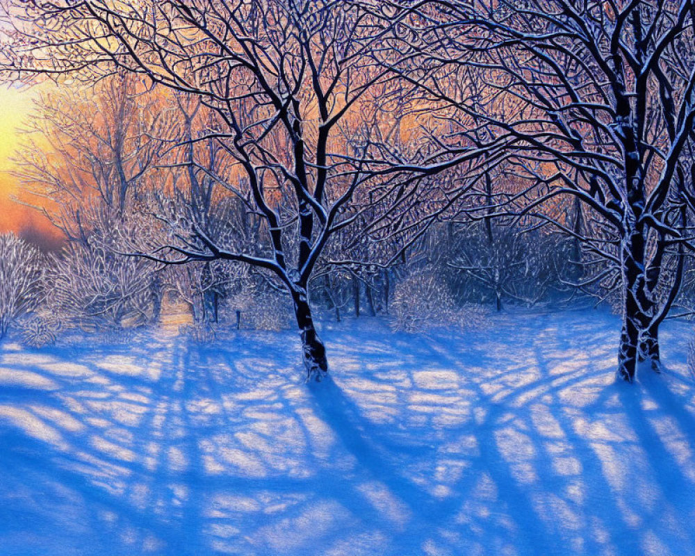 Snow-covered Sunrise Landscape with Long Tree Shadows