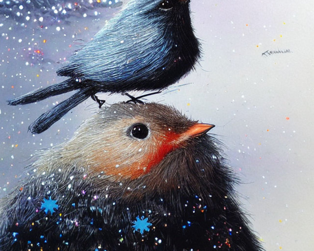 Artwork featuring two birds, one with speckled chest, and a twinkling tree background