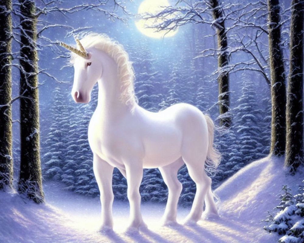 Majestic unicorn in snowy forest with sunbeams