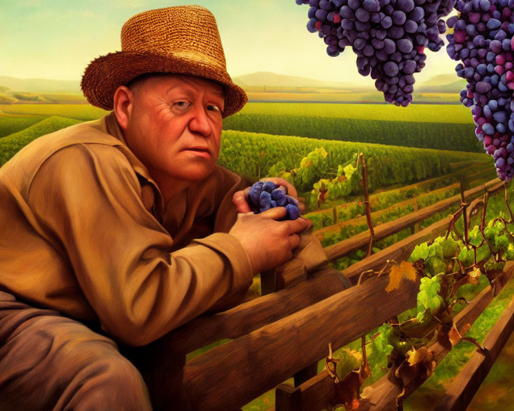 Man in straw hat gazes at grapes in vineyard landscape
