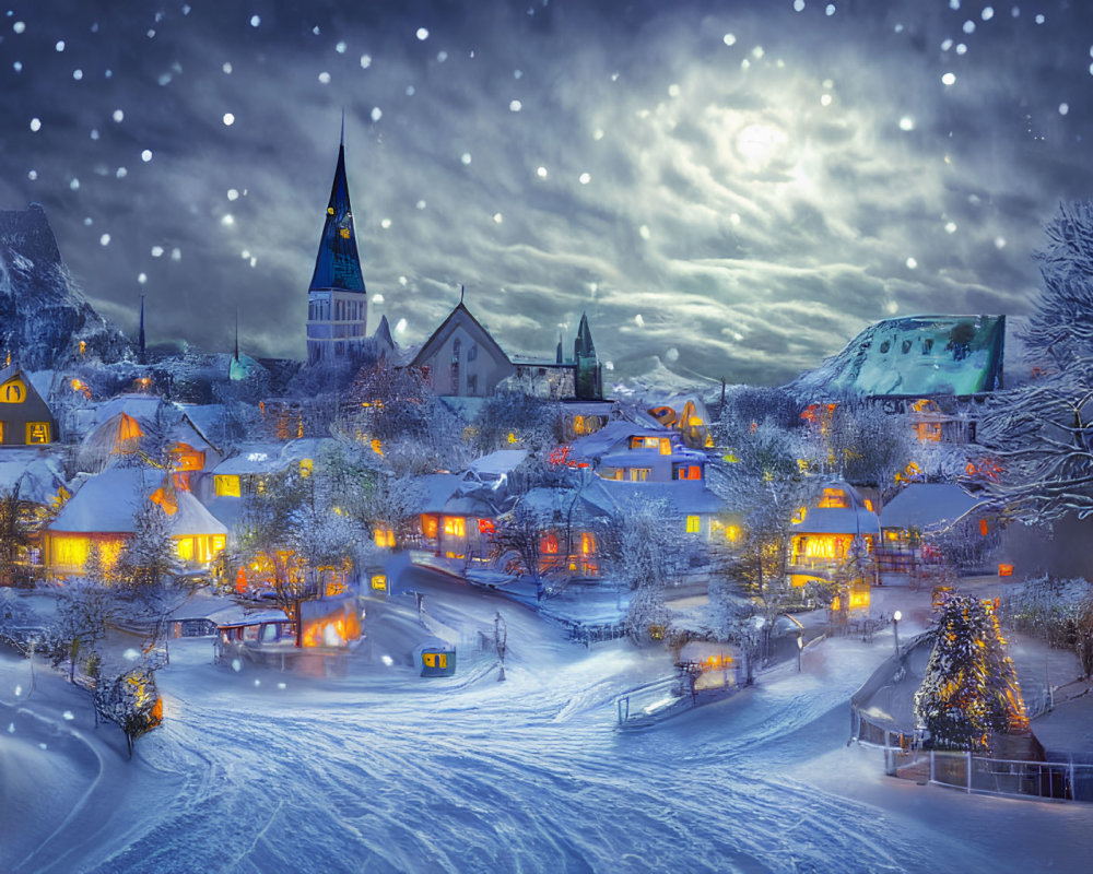 Charming winter village scene with moonlit sky and snowflakes