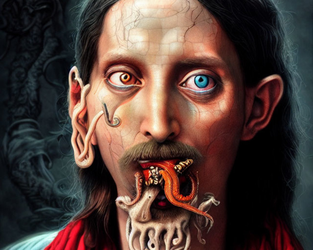 Digital artwork: Man with cracked skin, serpent from mouth, dark shapes, red scarf.