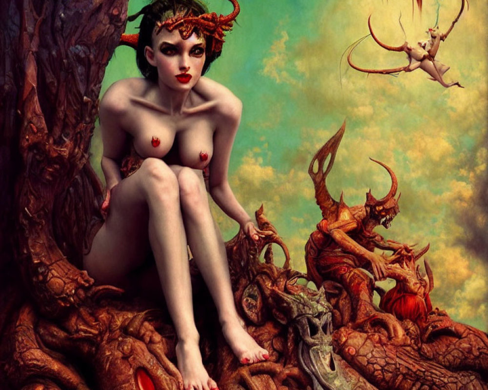 Fantasy nude female figure with headpiece among strange creatures