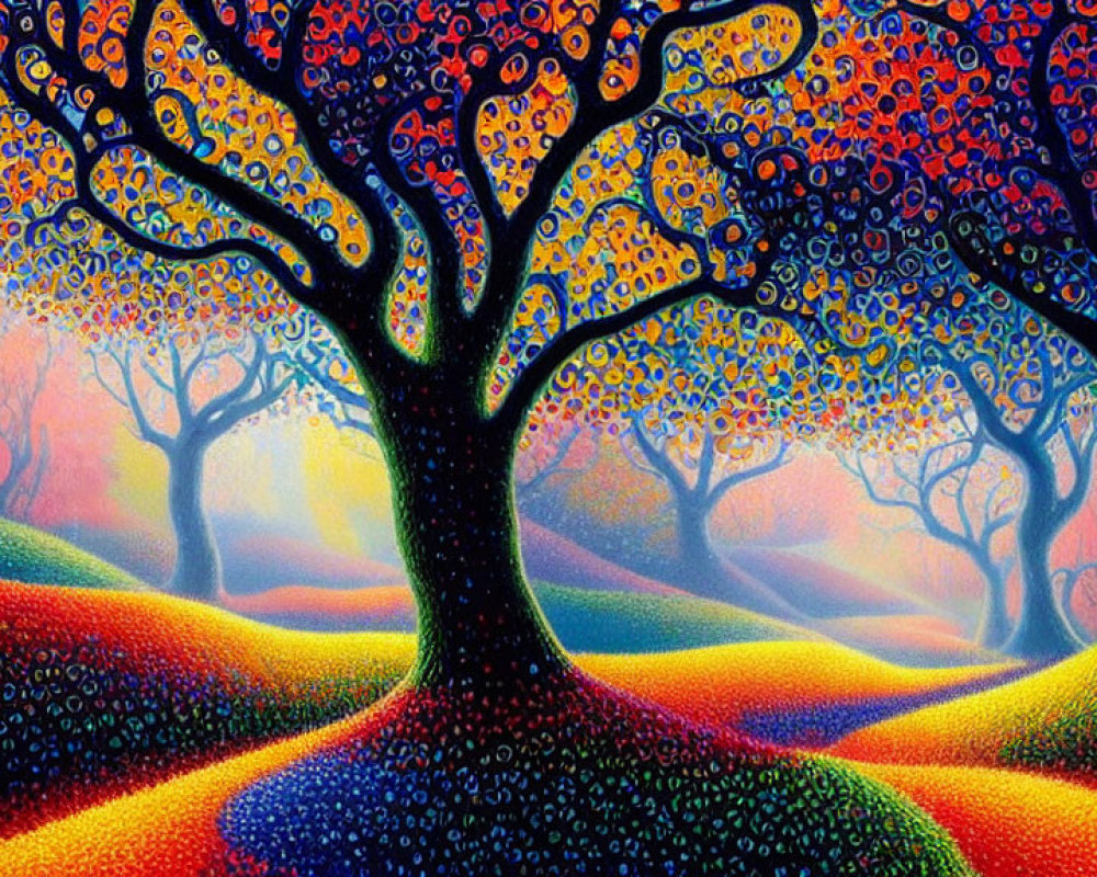 Vibrant painting of swirling tree branches in colorful landscape