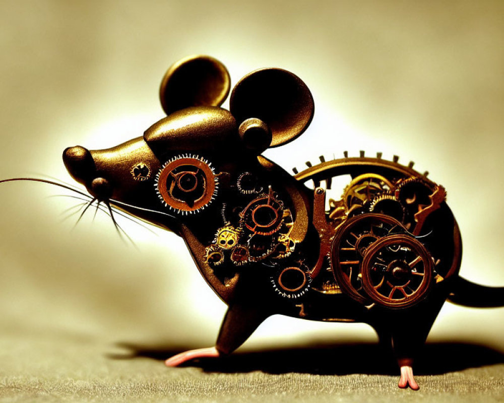 Intricate steampunk-style mechanical mouse with visible gears and cogs.