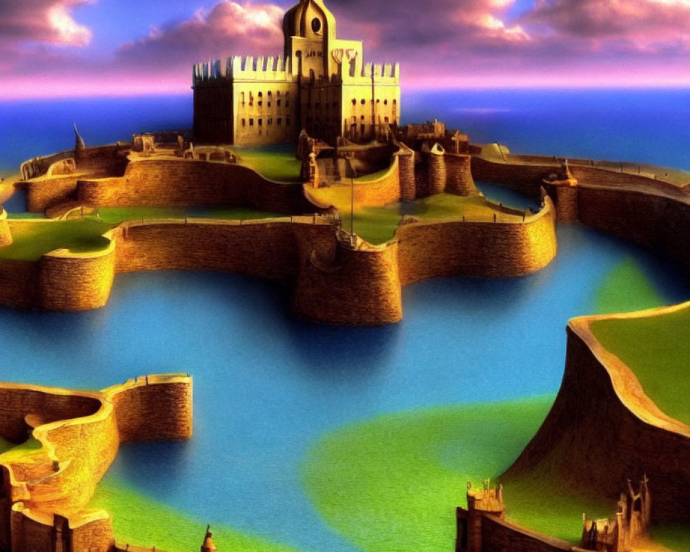 Fantasy castle with multiple walls and turquoise moats at twilight