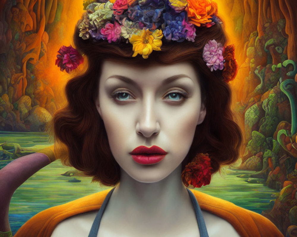 Colorful Flower Crown Portrait of Woman with Red Hair and Striking Eyes