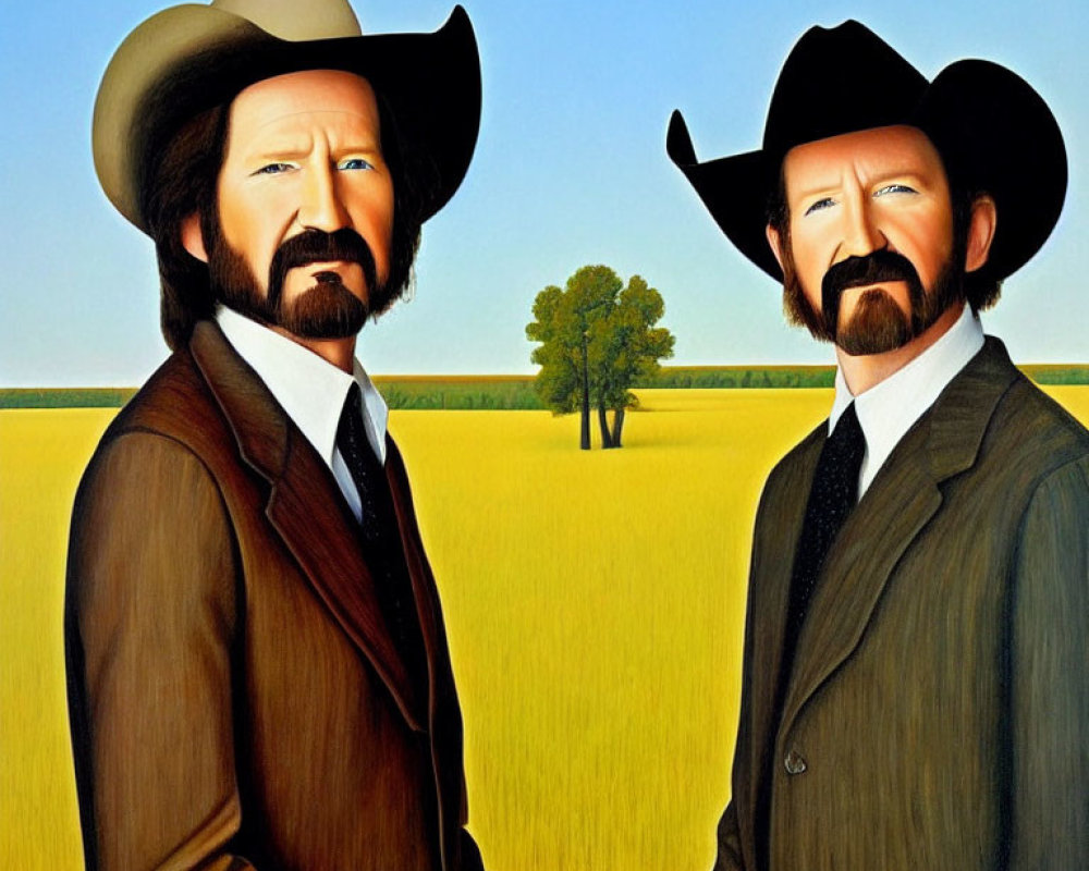 Two bearded men in cowboy hats standing in a field with lone tree.