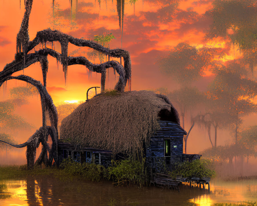 Thatched Cottage with Blue Windows Near Twisting Tree and Reflective Water at Sunset