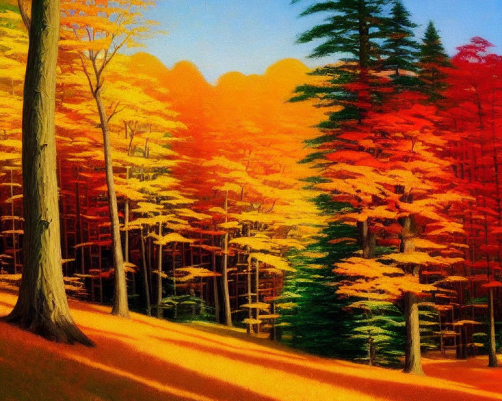 Colorful Autumn Forest Painting with Red, Orange, and Yellow Leaves