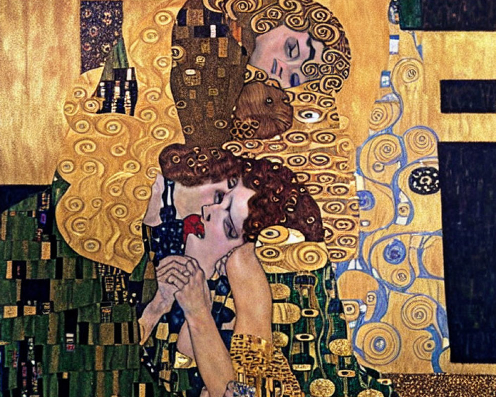 Art Nouveau painting features couple embracing in ornate golden patterns