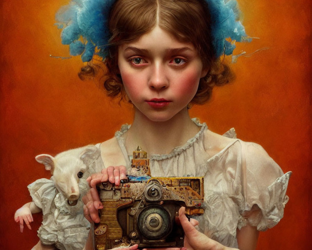 Young girl with blue headpiece holding lamb and ornate camera on warm-toned backdrop