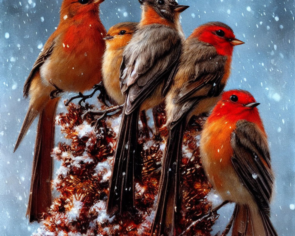 Five Birds with Reddish-Orange Plumage on Snowy Branch