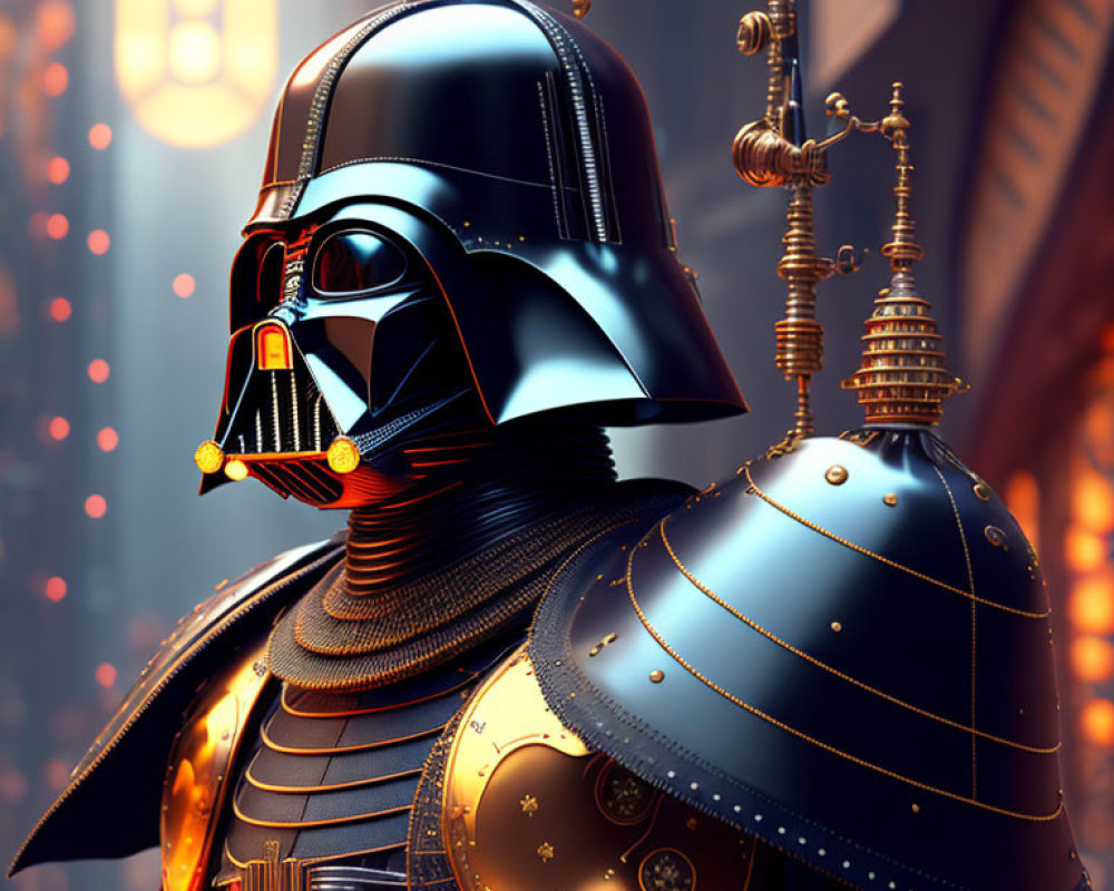 Detailed Darth Vader illustration in samurai armor against sci-fi cityscape