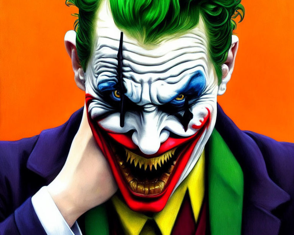 Vibrant Joker-inspired character with green hair and wide grin on orange backdrop