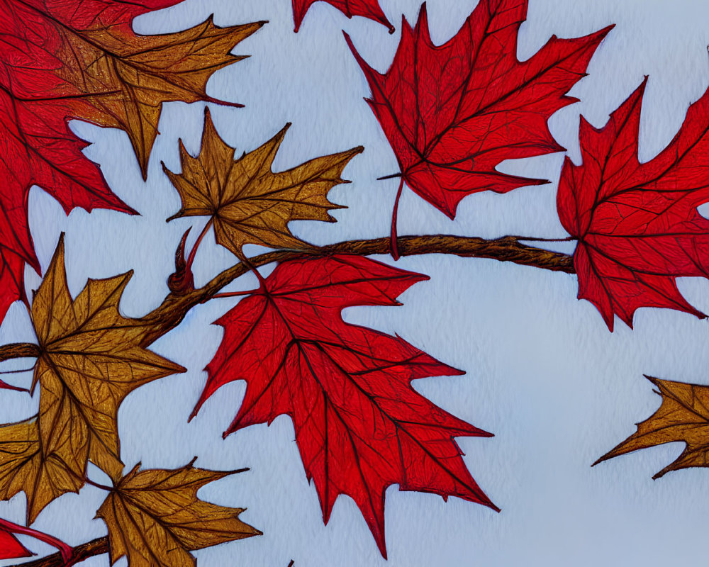 Vivid Red and Brown Maple Leaves on Textured White Background