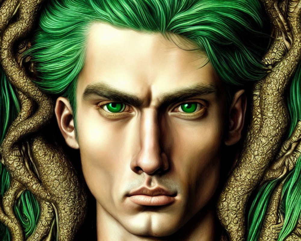 Detailed digital artwork: Person with green hair and eyes, intricate golden patterns.