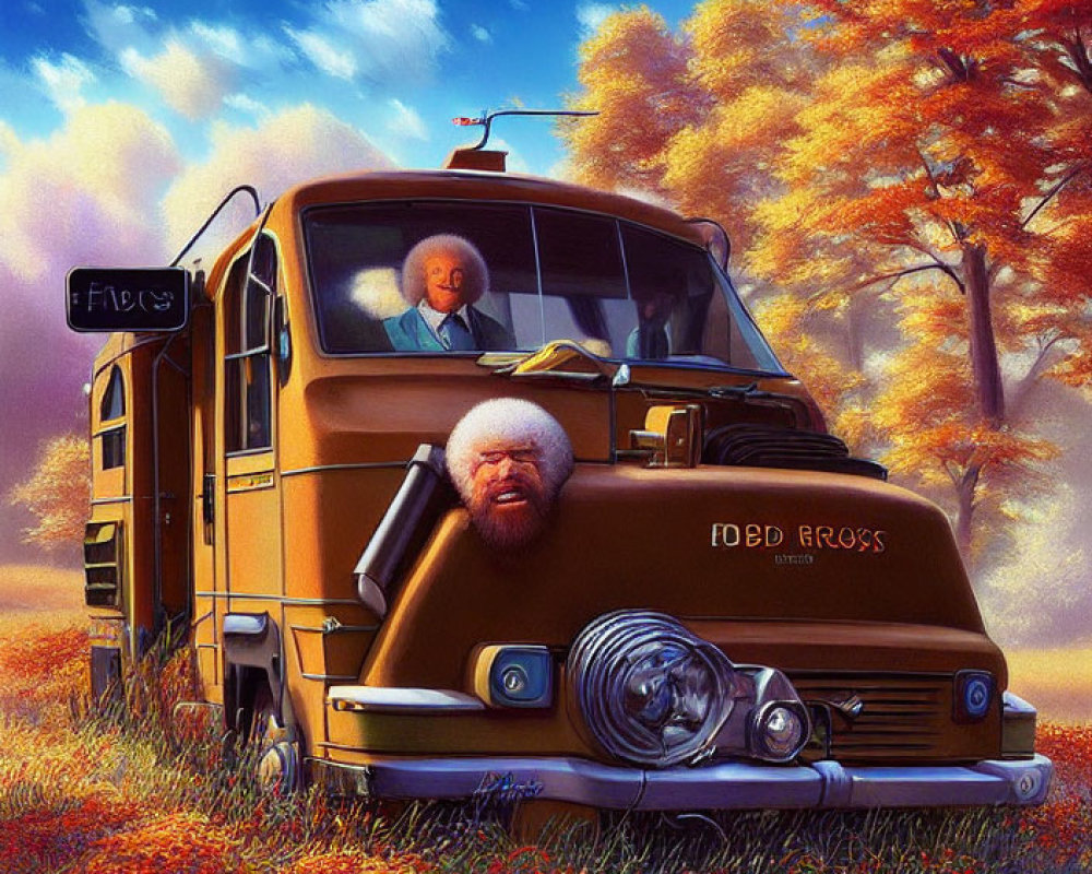 Whimsical autumn illustration with brown van labeled "Freds" and unique grill face.