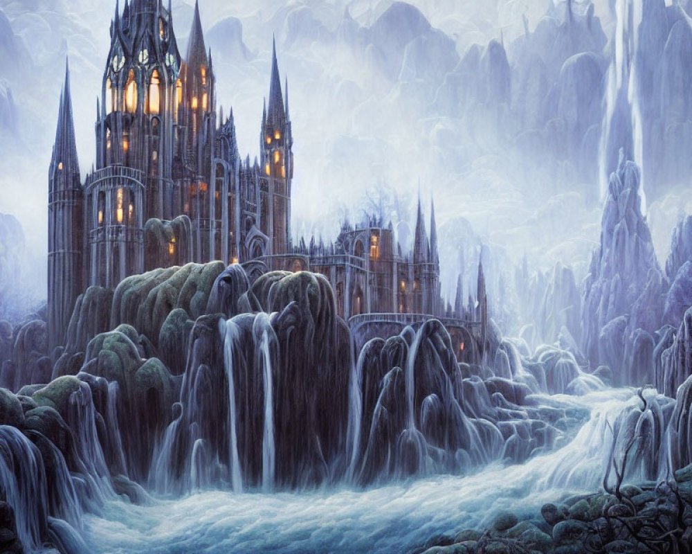 Gothic castle with spires above waterfalls in misty mountain landscape