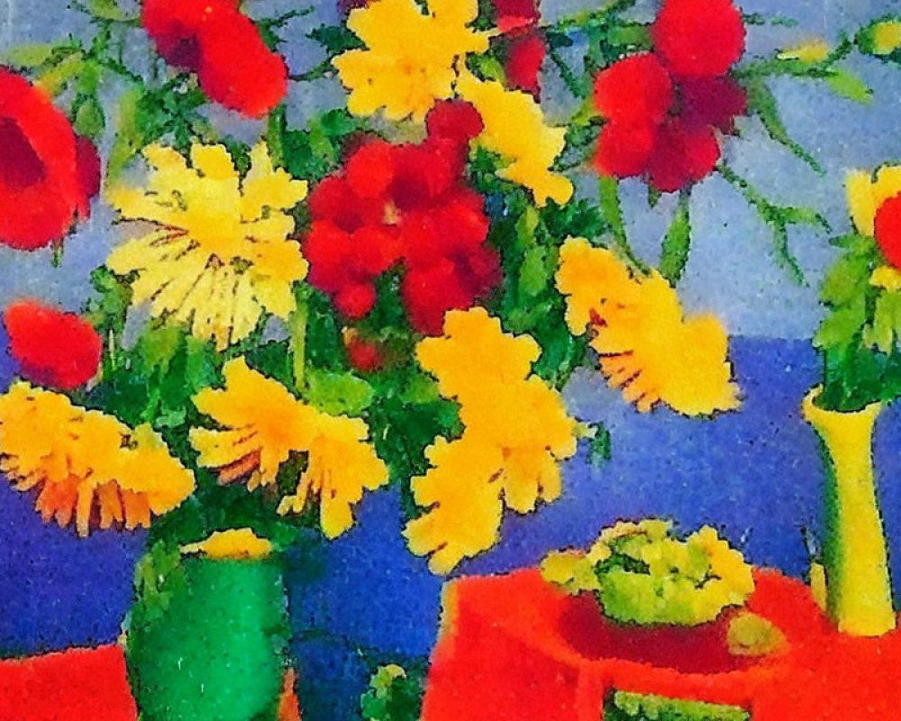 Vibrant bouquet painting with red, yellow, and orange flowers on blue background