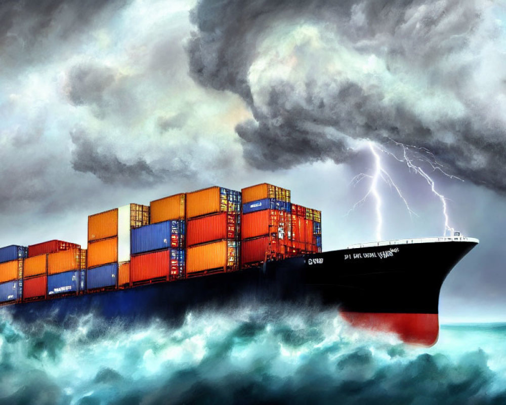 Cargo ship navigating stormy seas with lightning in dramatic sky