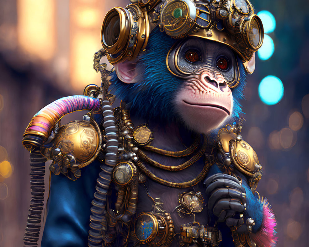 Steampunk-inspired monkey with goggles and brass gear on warm bokeh background