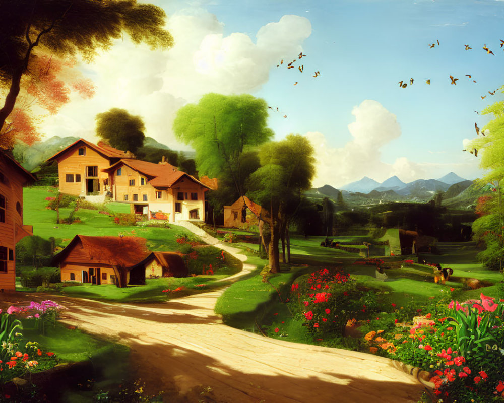 Scenic pastoral landscape with blooming flowers, quaint houses, birds, mountains, and clouds