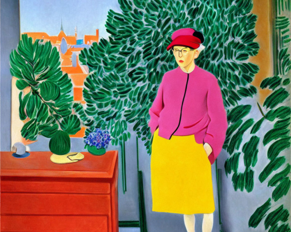 Vibrant painting of a woman in red hat and colorful attire in a room with plants and flowers