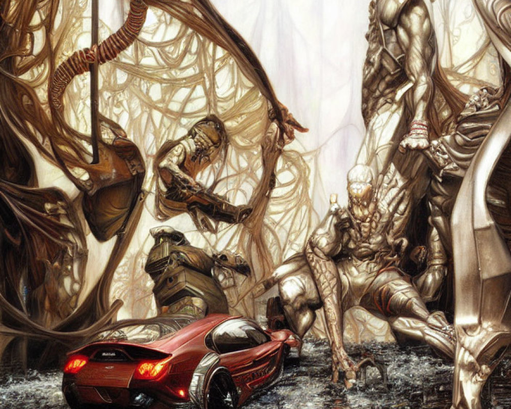 Red sports car in surreal landscape with giant humanoid figures and intricate structures.