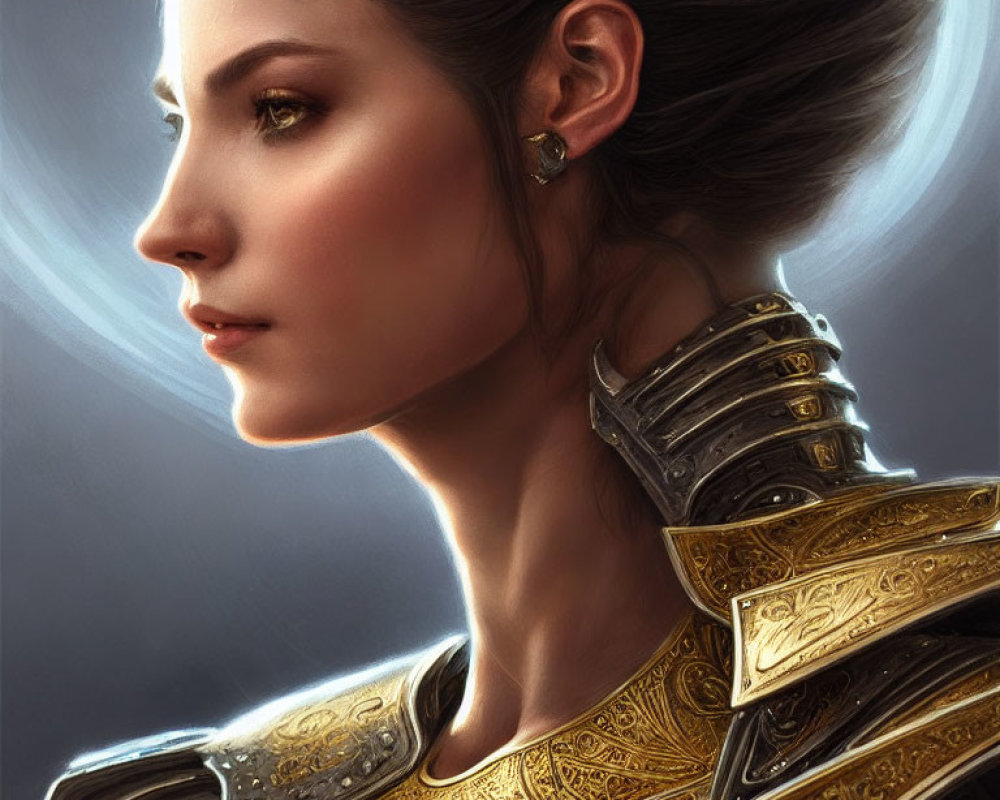 Regal woman in golden armor with crown and intricate earpiece