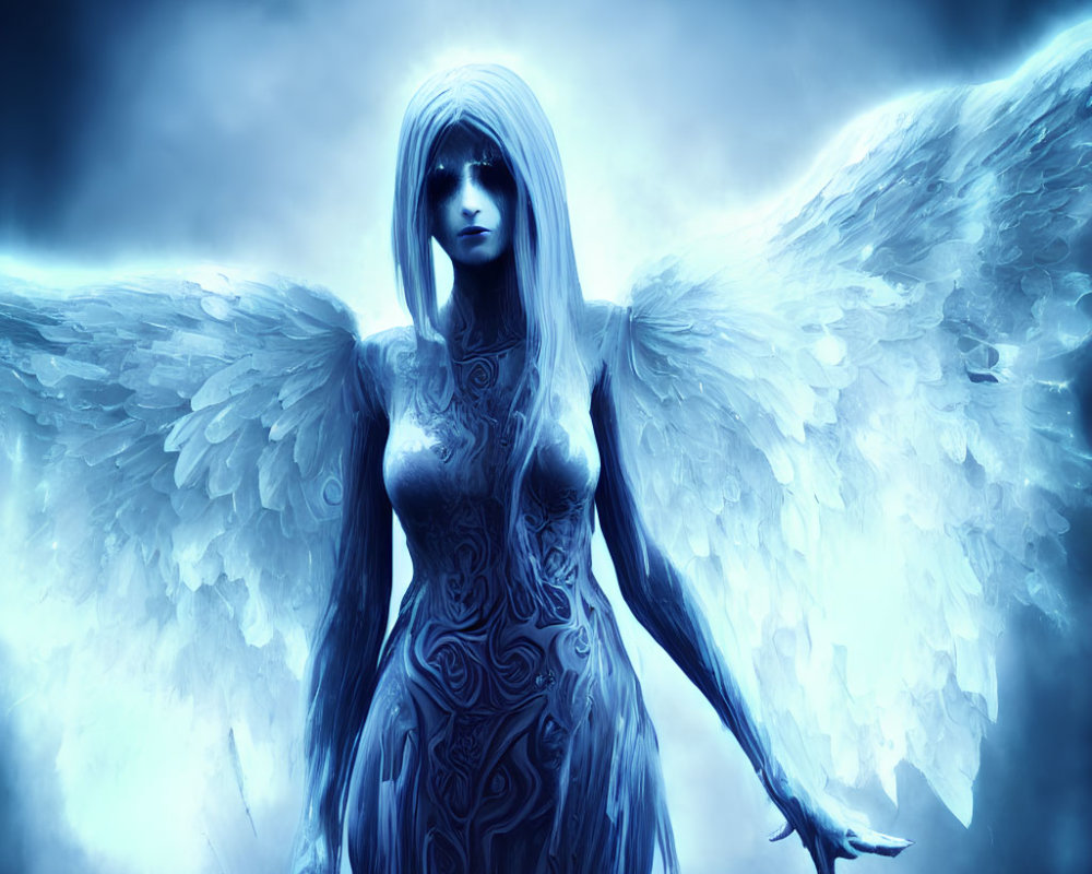 Luminescent figure with feathered wings in cool blue aura