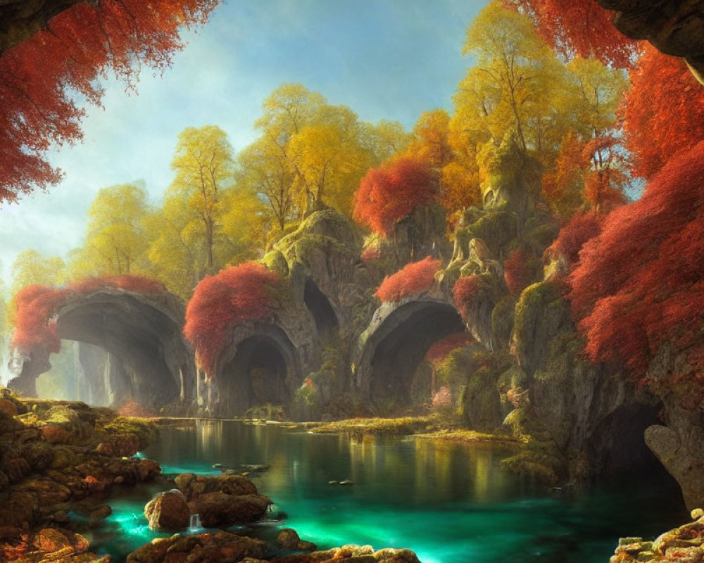 Tranquil autumn landscape with turquoise river and rocky cave