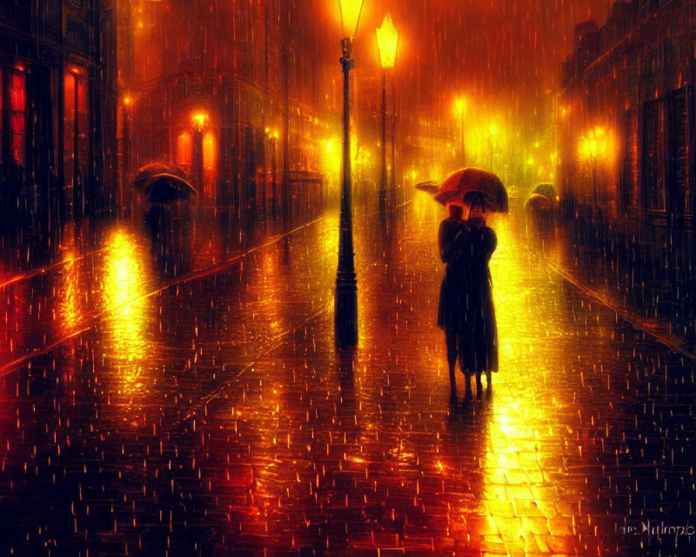 Nighttime couple walk on rain-soaked cobblestone street with umbrellas under warm street lamp glow