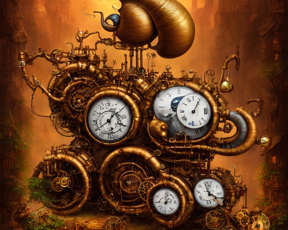 Intricate steampunk clockwork with gears, pipes, and clocks amid mysterious buildings
