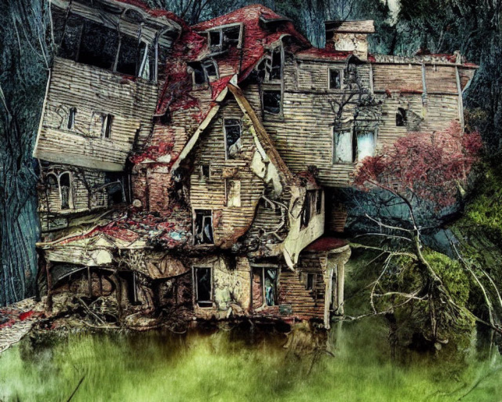 Decaying multi-story wooden house in overgrown greenery