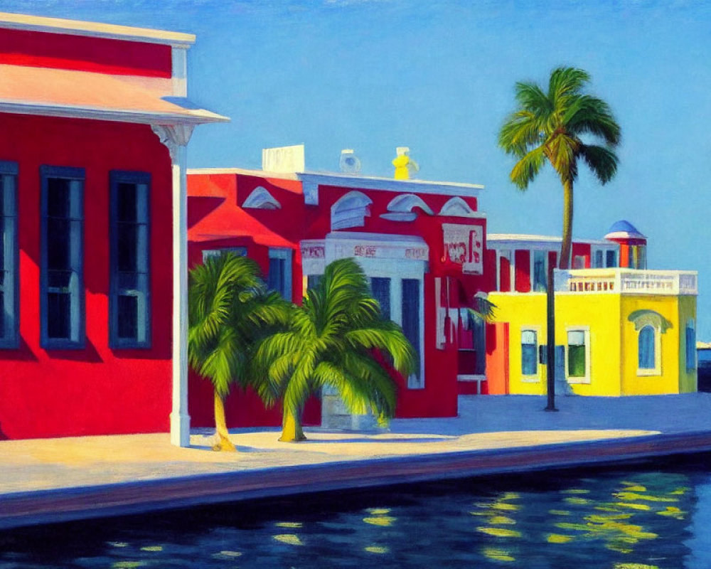 Colorful Coastal Street Painting with Palm Trees and Blue Sky