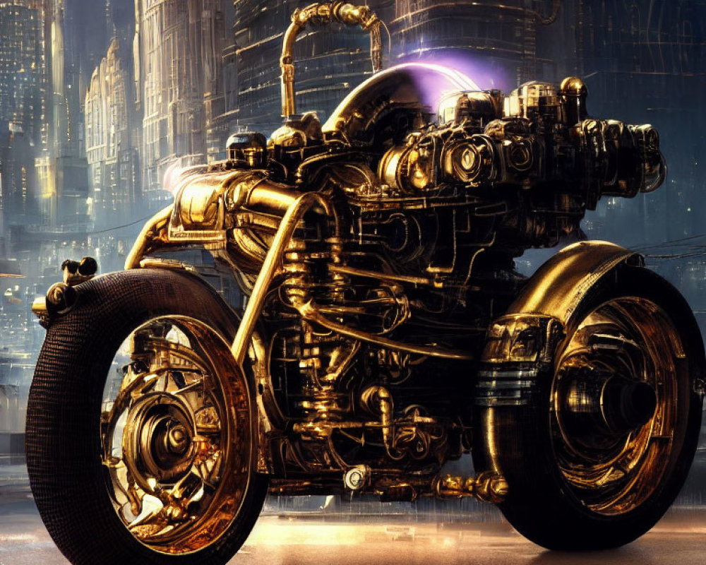Futuristic Gold Motorcycle with Glowing Purple Elements in Cityscape