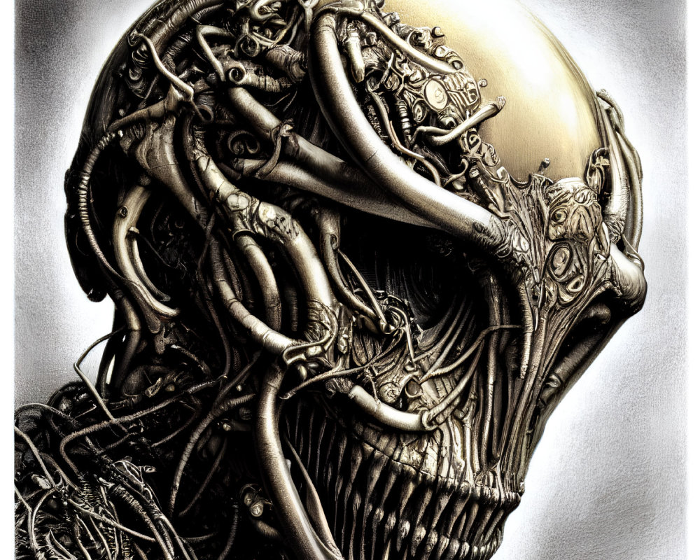 Detailed biomechanical head illustration with alien-like features.