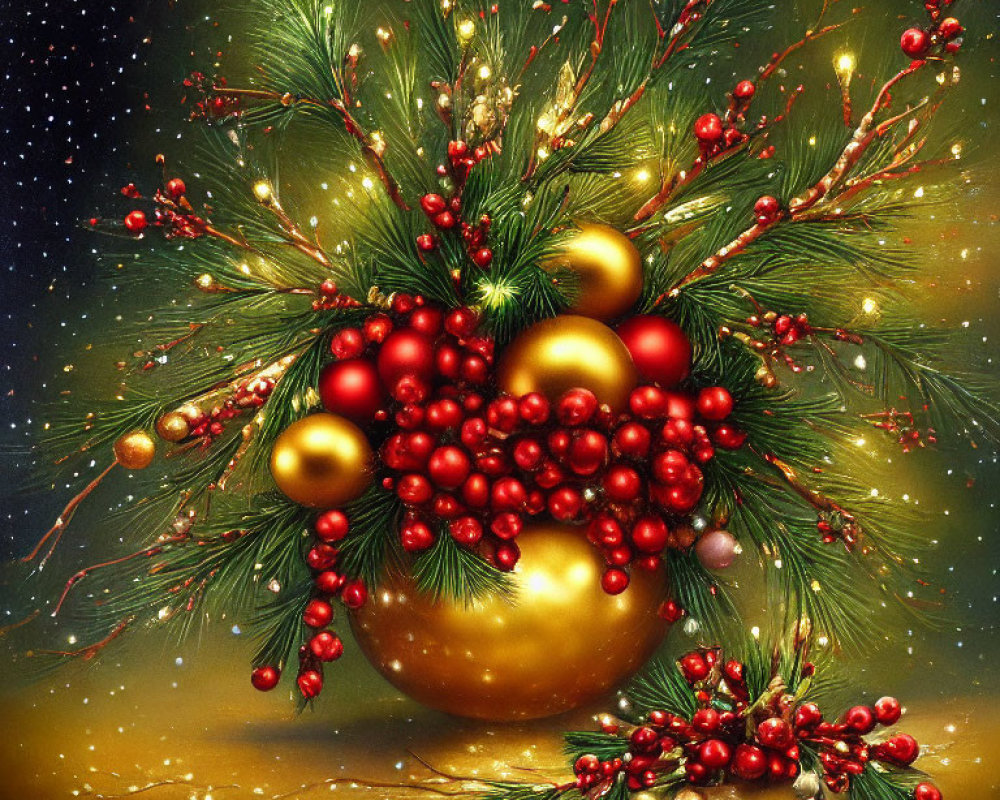 Shiny gold baubles and red berries in Christmas arrangement