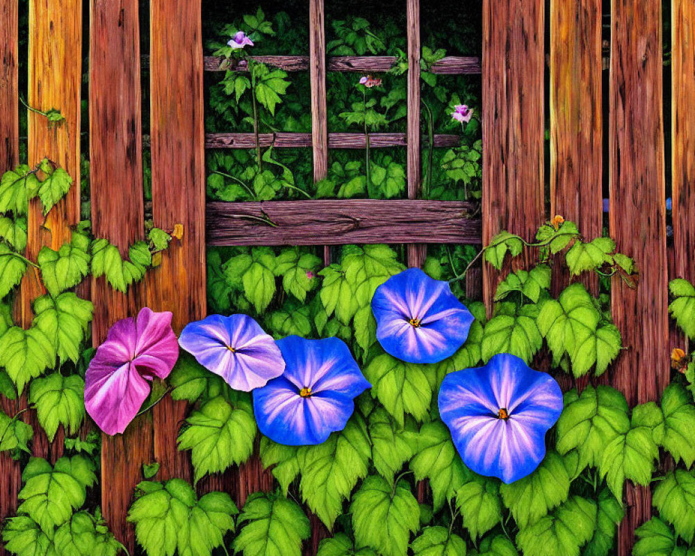Colorful Morning Glories and Ivy with Wooden Window