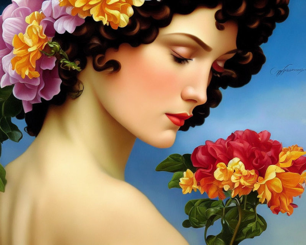 Portrait of Woman with Curly Hair and Pink Flowers in Serene Profile