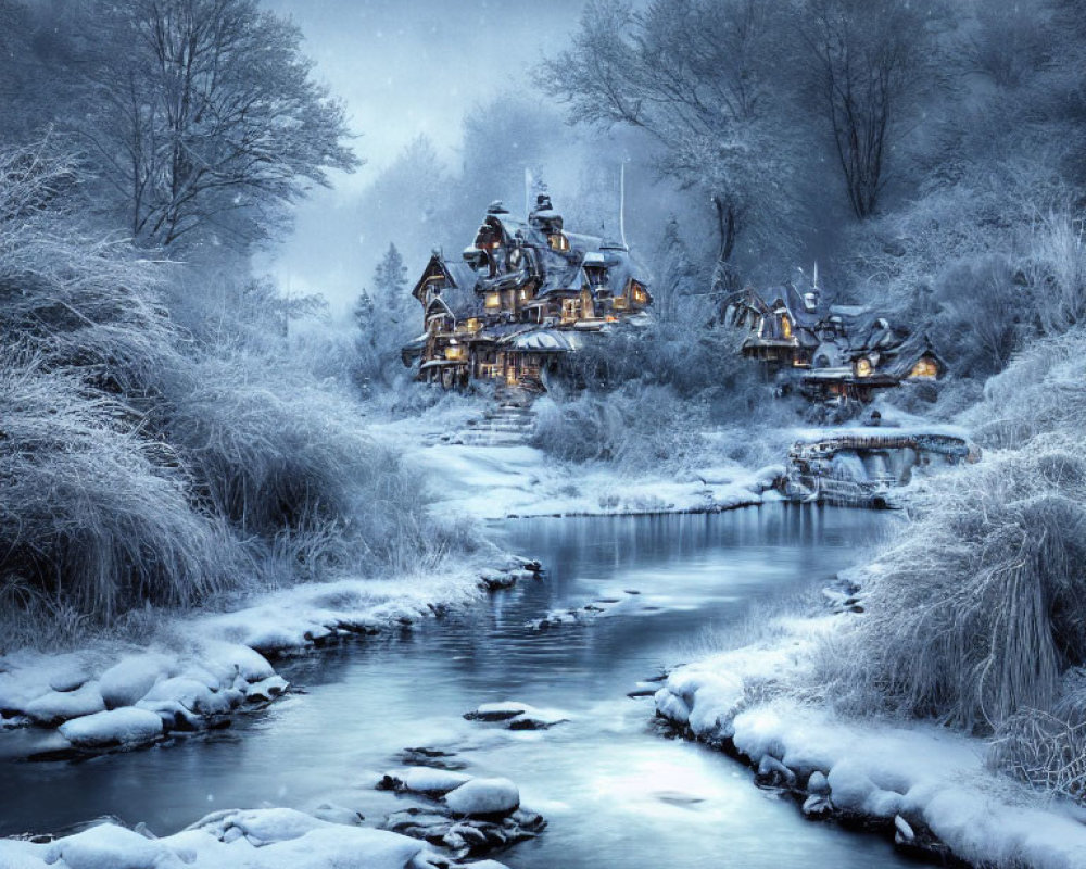 Snow-covered village by river illuminated at twilight
