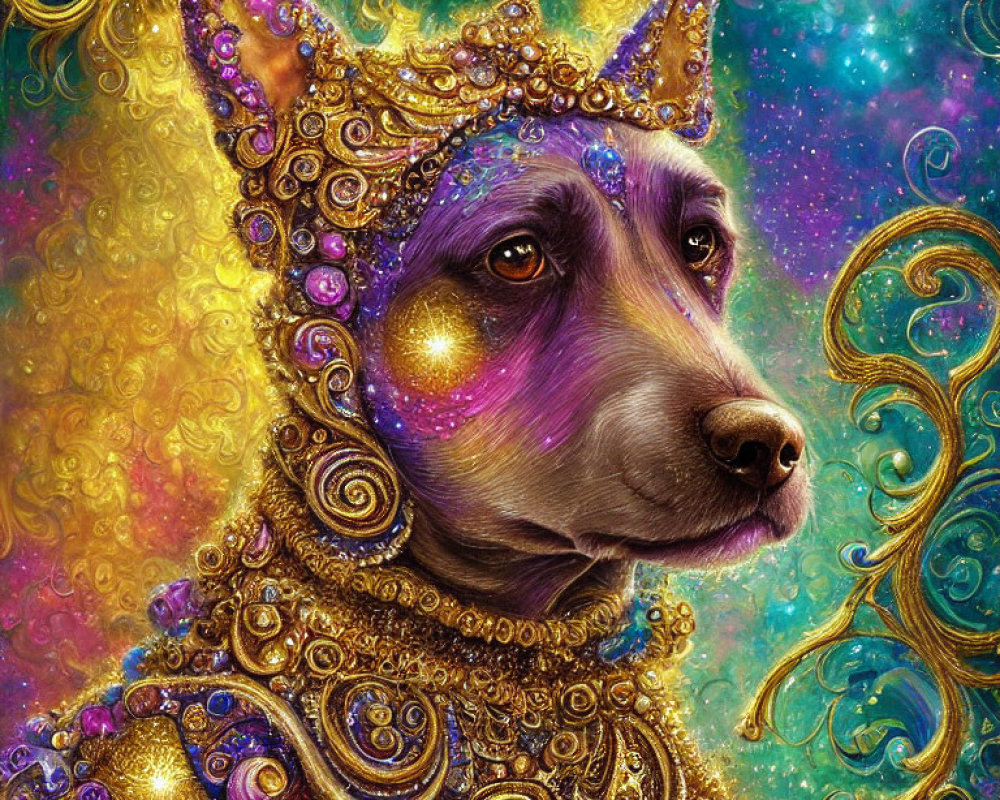Colorful Decorated Dog with Gold Adornments on Cosmic Background